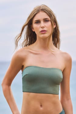 Iridescent tie-front bandeau bikini top;${refinementColor}