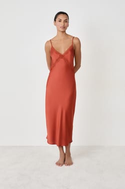 Long satin nightdress with lace details;${refinementColor}