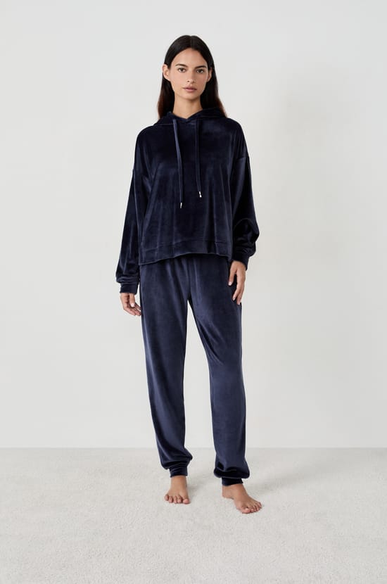 Velvet-effect Hooded Sweatshirt;${refinementColor}