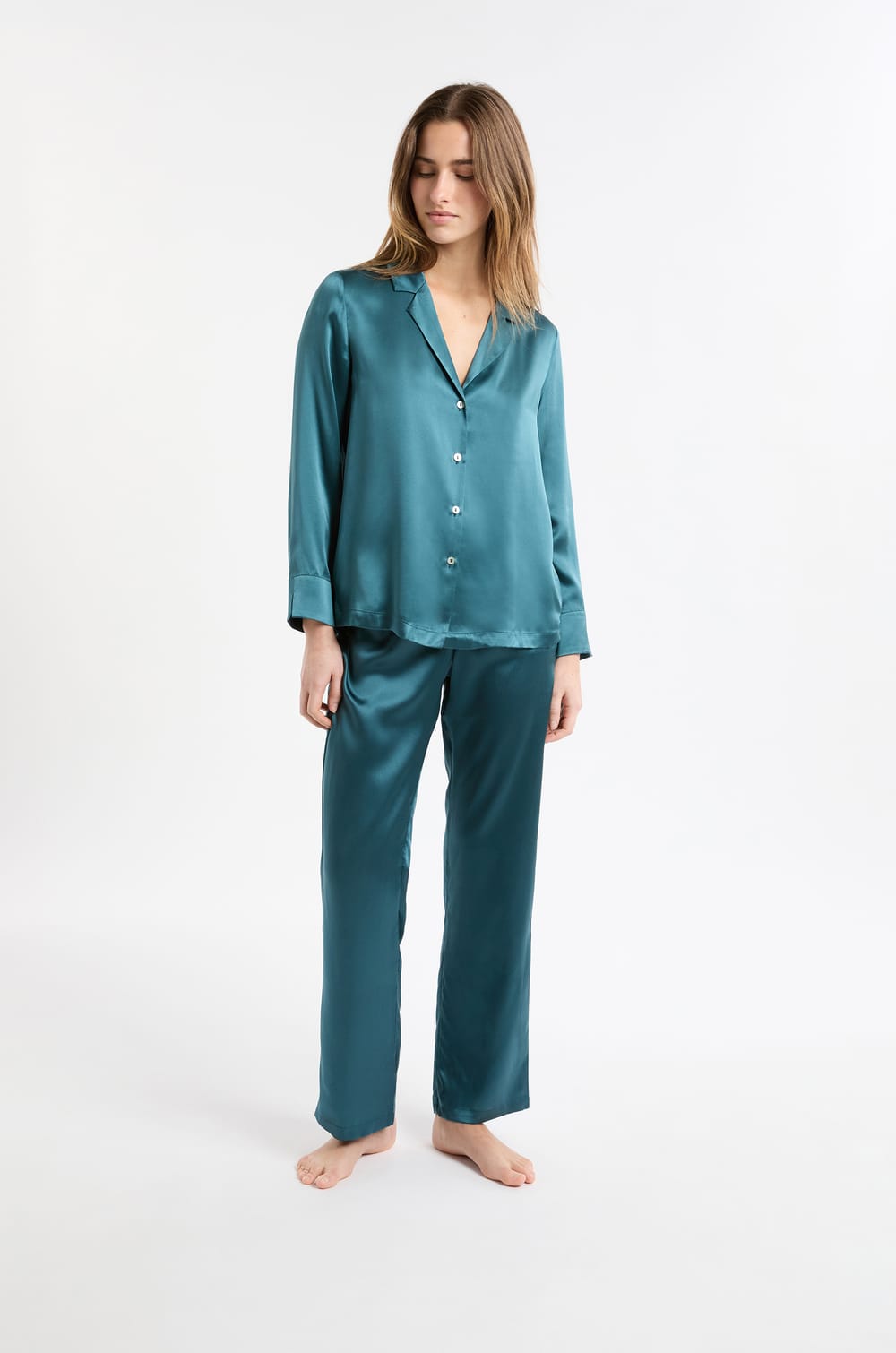 Chemise de pyjama manches longues en soie;${refinementColor}