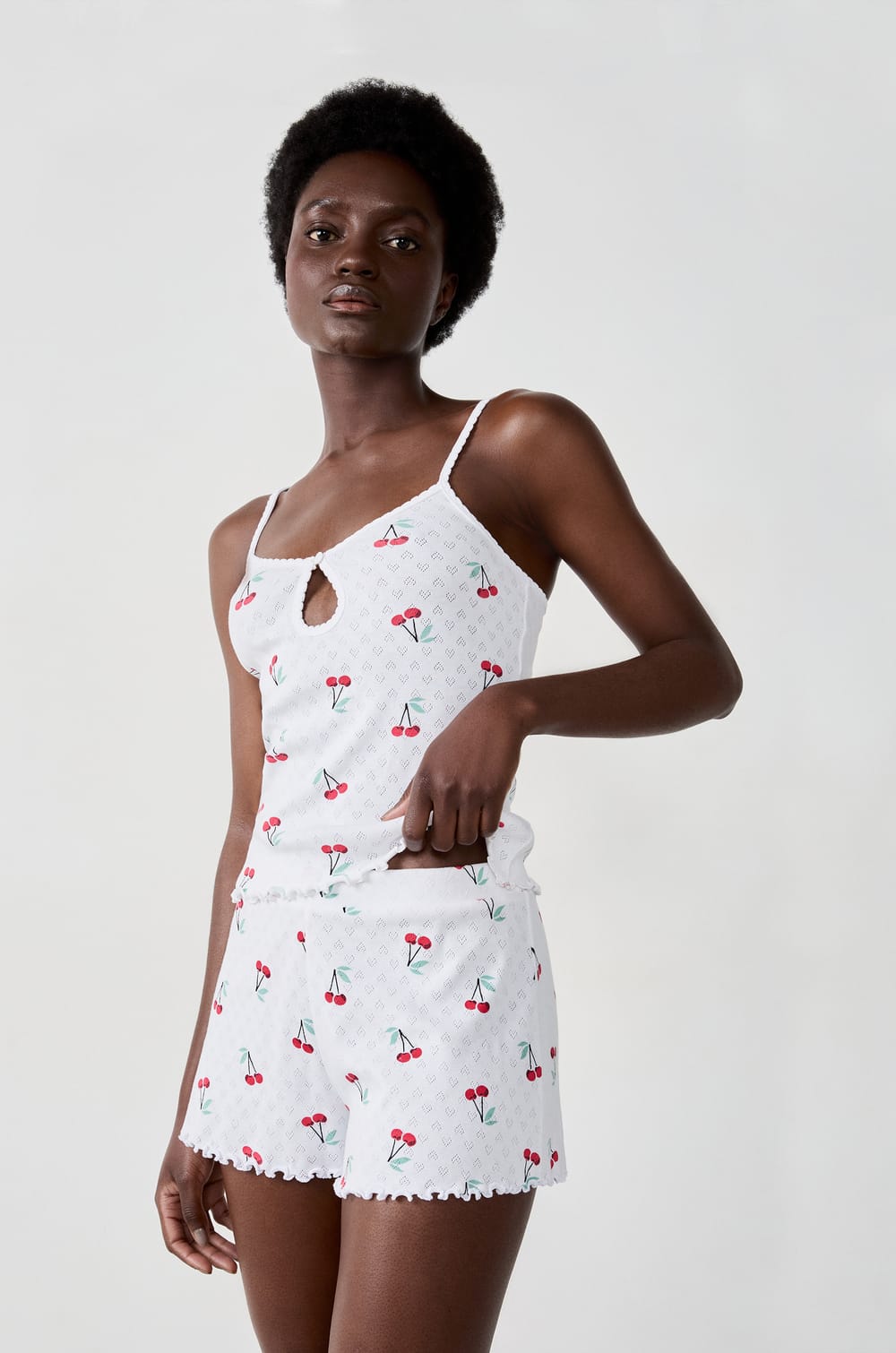 Débardeur en coton en pointelle imprimé cerises;${refinementColor}