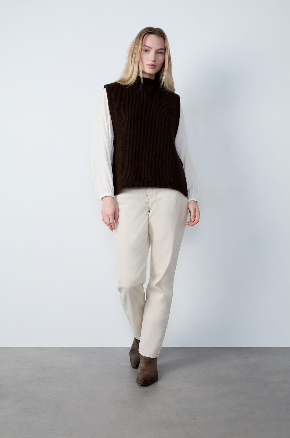 Sleeveless High Neck Tie-Front Sweater;${refinementColor}