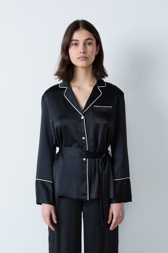 Satin Pyjama Shirt with Tie;${refinementColor}