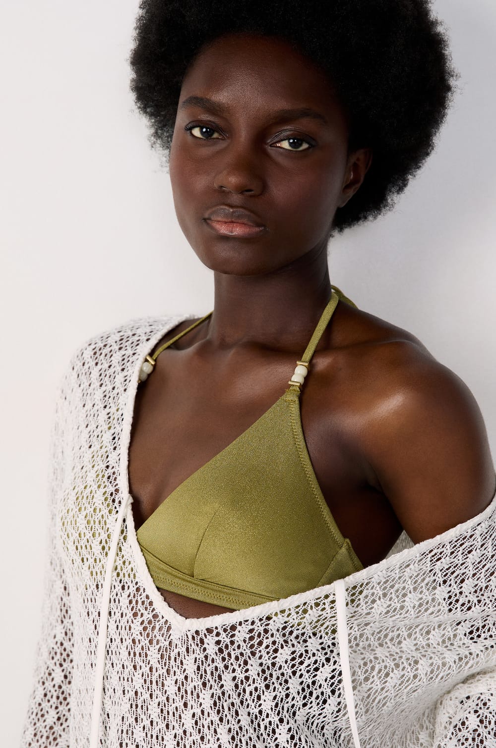 Glittery Triangle Bikini Top;${refinementColor}