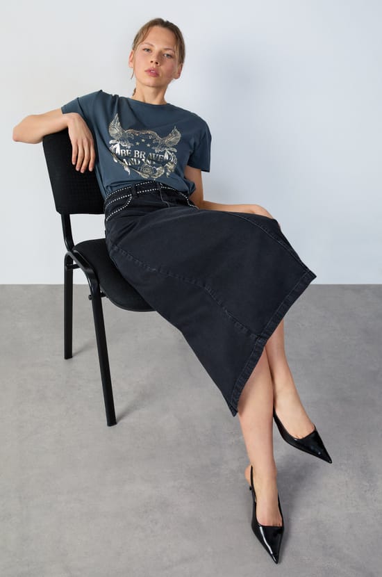 Studded long denim skirt;${refinementColor}