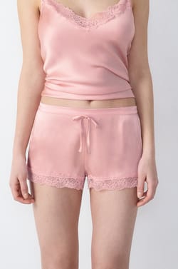 Silk pyjama shorts with lace detail;${refinementColor}