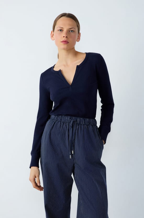 Long Sleeve Ribbed Cotton T-Shirt;${refinementColor}