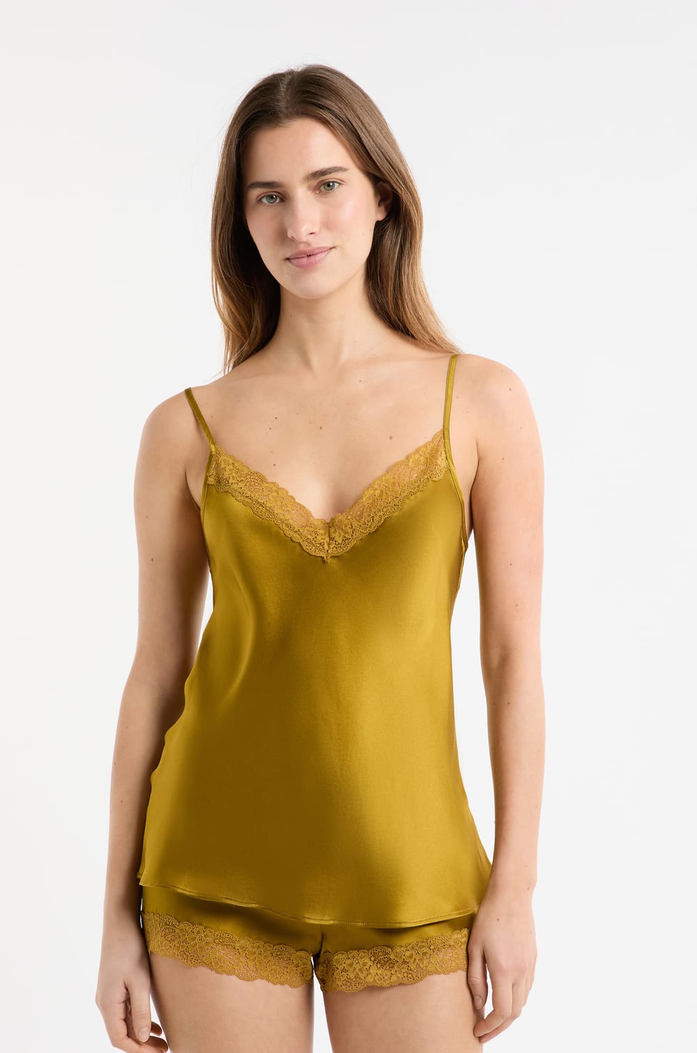 Silk Camisole with Lace Details;${refinementColor}