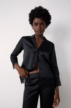 Satin pyjama shirt with lace details;${refinementColor}