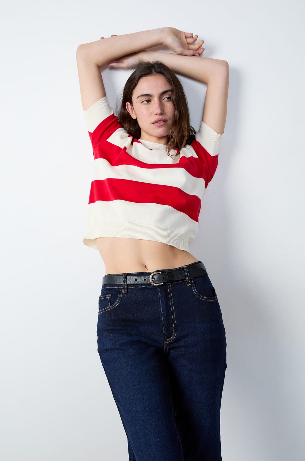 Short-sleeved striped sweater;${refinementColor}