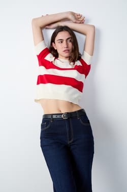 Short-sleeved striped sweater;${refinementColor}