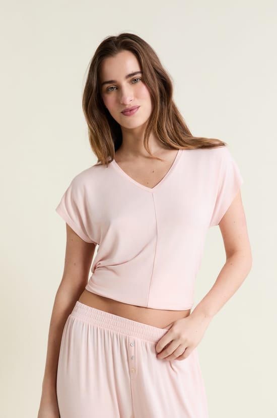 Camiseta de pijama de manga corta con cuello en V de modal;${refinementColor}