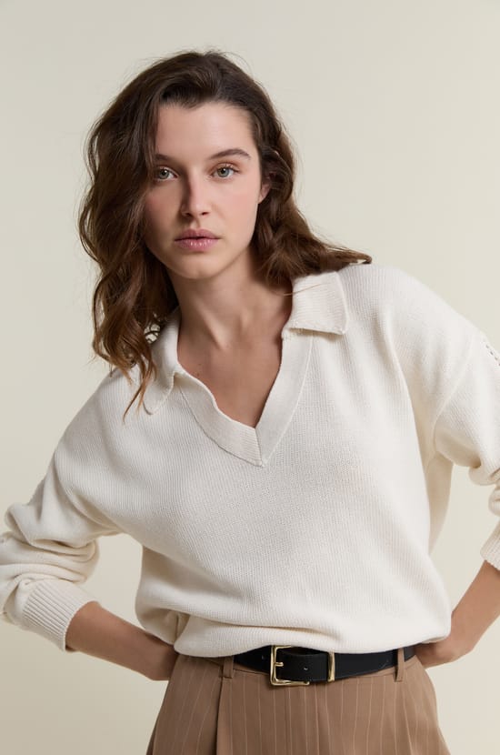 V-neck Long-Sleeved Polo Shirt with Cotton;${refinementColor}