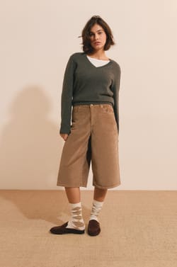 Pull manches longues col V en cachemire;${refinementColor}