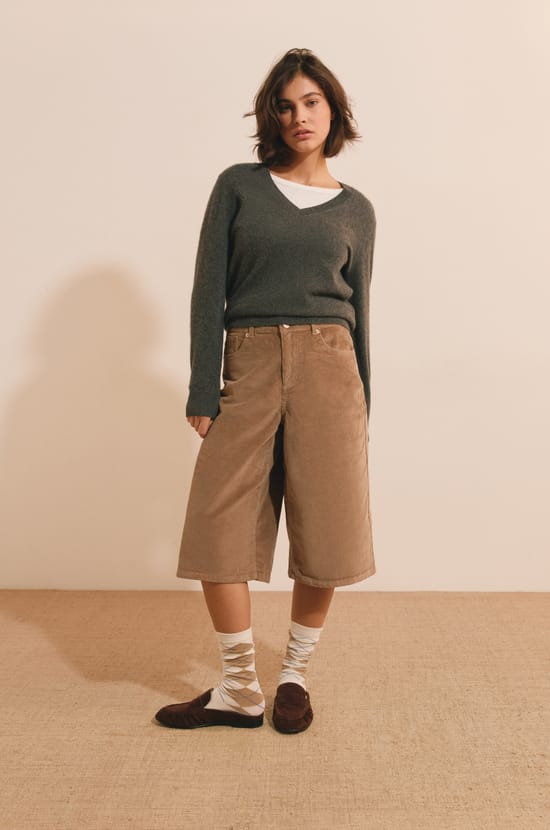 Pull manches longues col V en cachemire;${refinementColor}