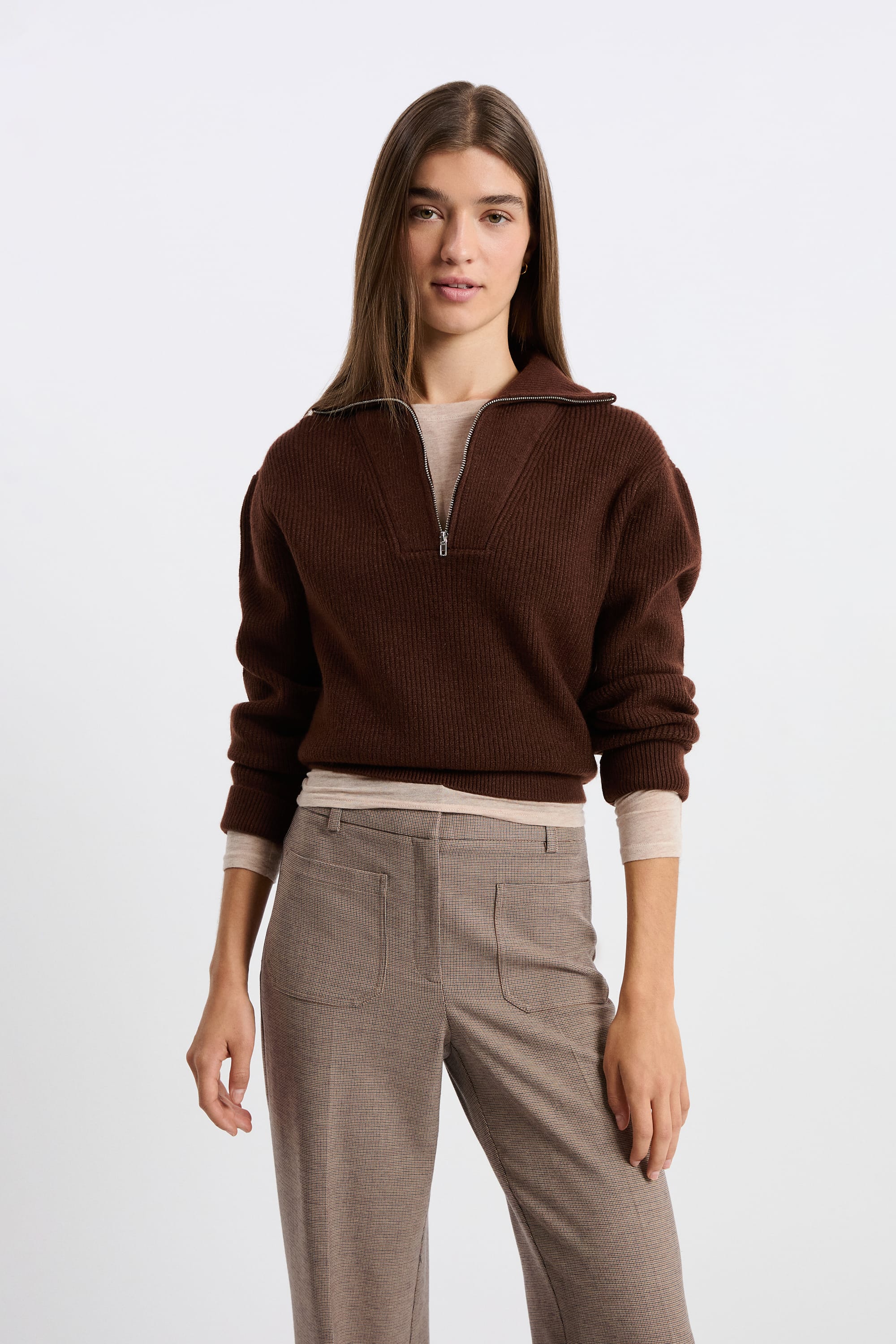 Morris Merino Brown Merino Full Zip Sweater Half-zip Collars Woman