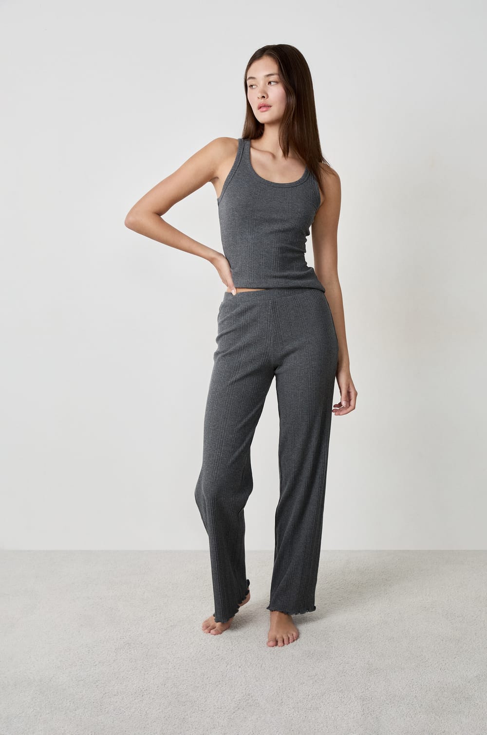 Straight Ribbed Pyjama Trousers;${refinementColor}
