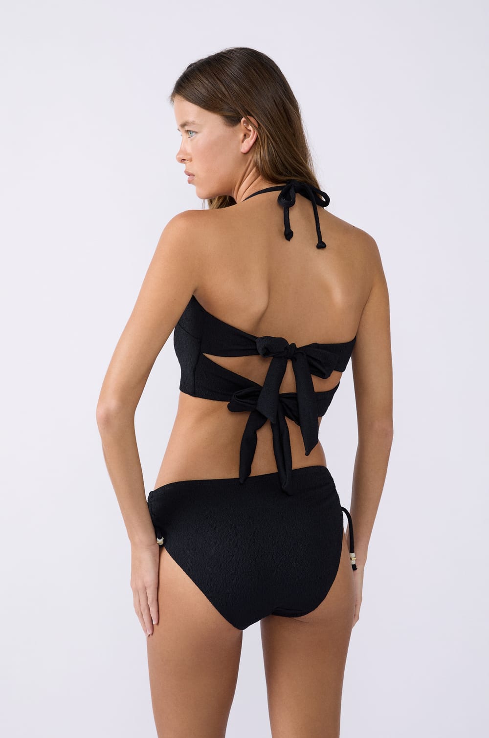 Strapless tie-front bikini top with pearl details;${refinementColor}