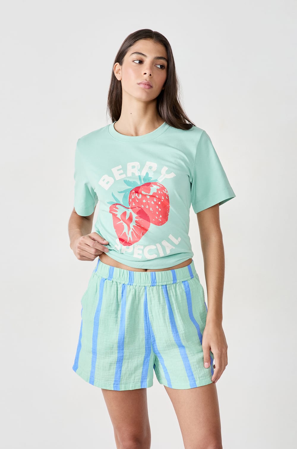 Striped Cotton Pajama Shorts;${refinementColor}