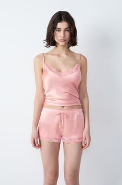 Silk pyjama shorts with lace detail;${refinementColor}