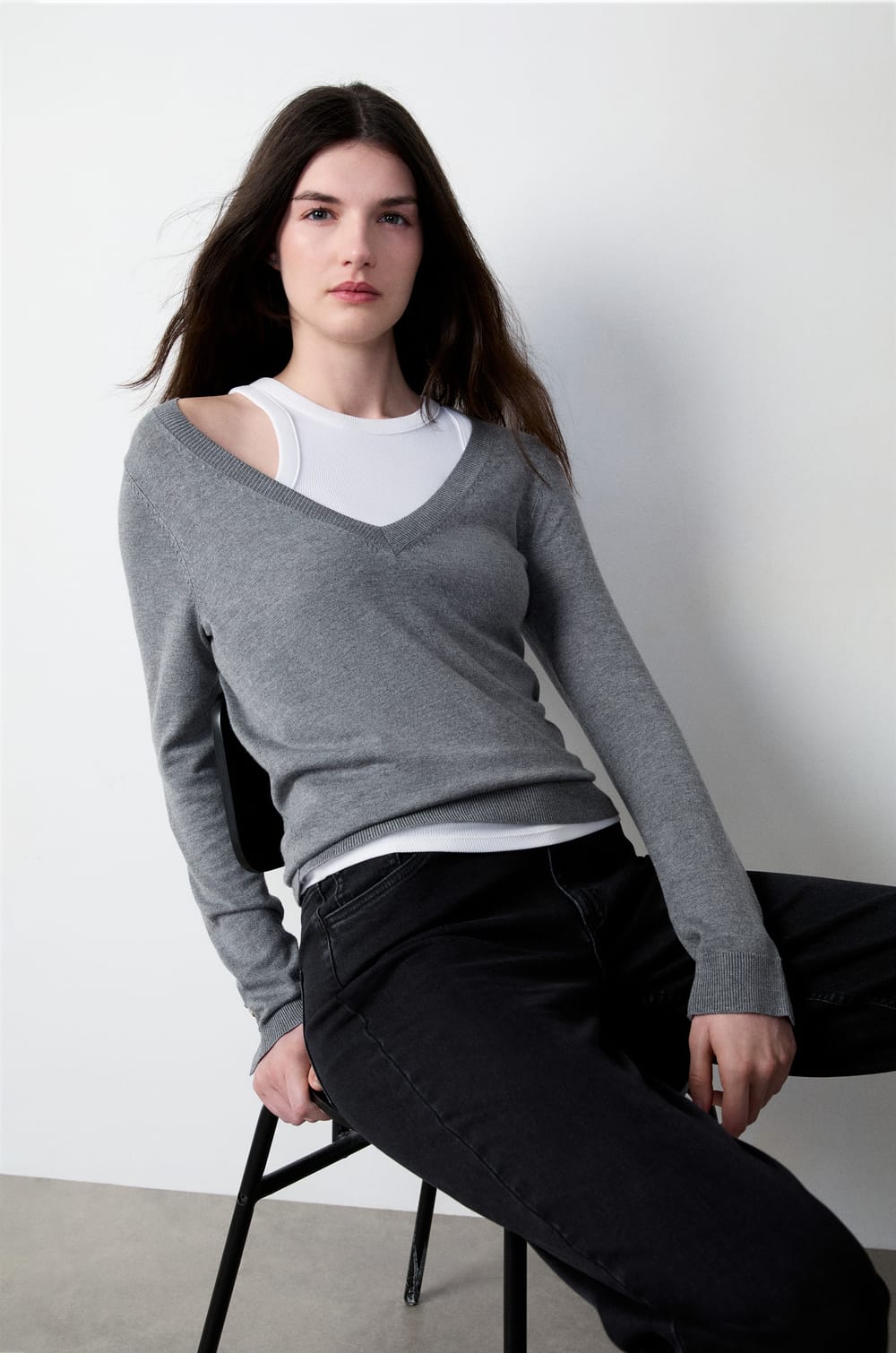 Long Sleeve V-Neck Sweater;${refinementColor}