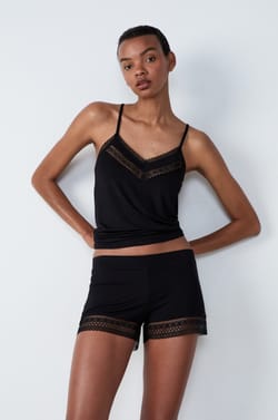 Flared pyjama shorts with lace details;${refinementColor}