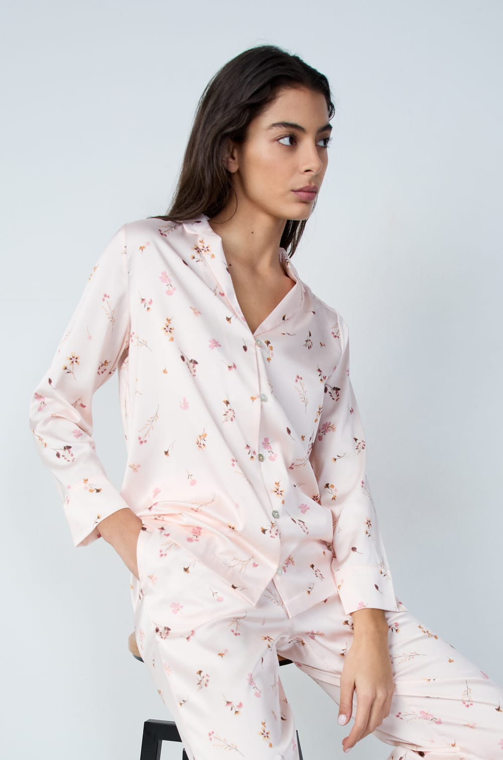 Patterned Satin Pajama Shirt;${refinementColor}