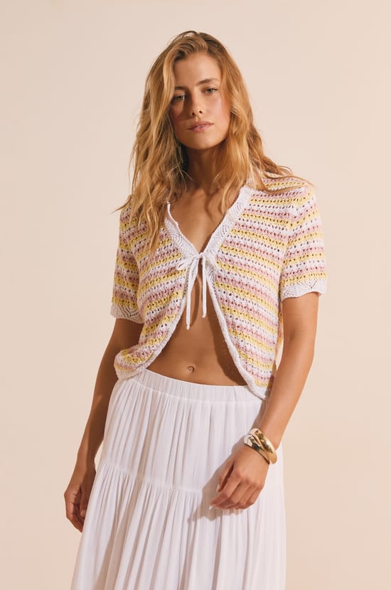 Cardigan manches courtes ouvert sur le devant;${refinementColor}