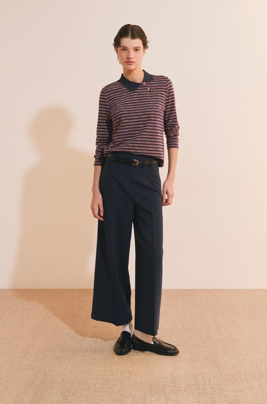 T-shirt &agrave; rayures col polo avec coton;${refinementColor}