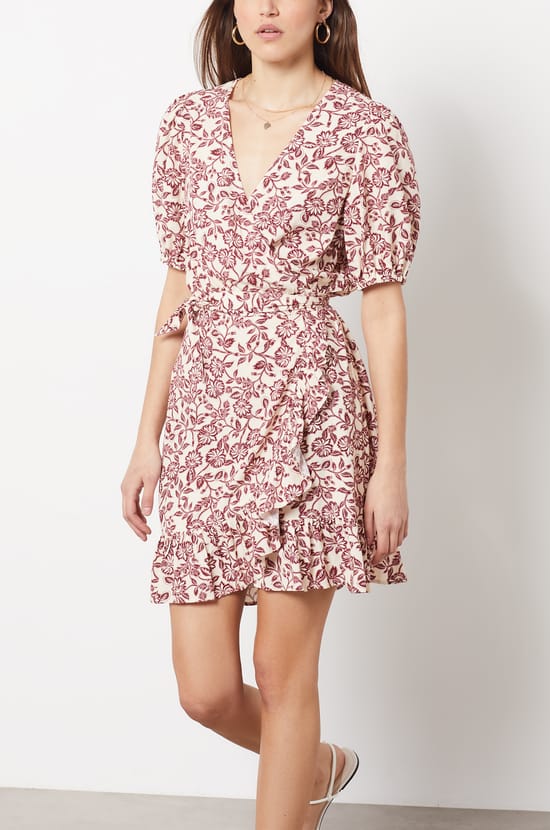 Floral Wrap Mini Dress with Tie Waist;${refinementColor}