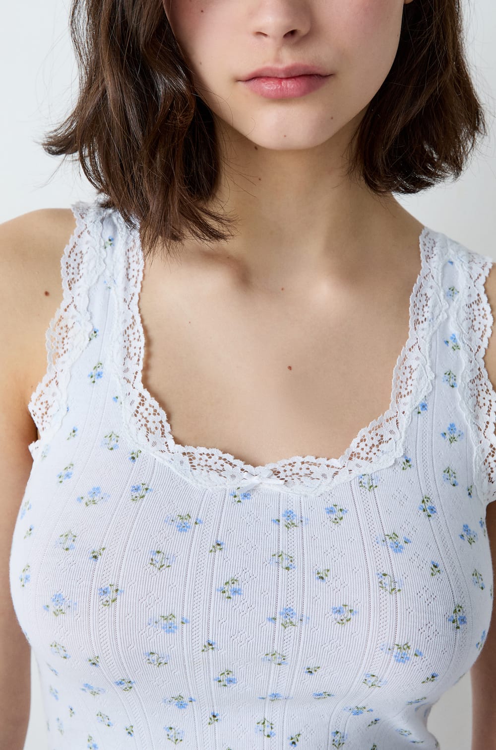 Printed Pointelle Cotton Tank Top With Lace Details;${refinementColor}