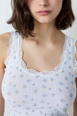 Printed Pointelle Cotton Tank Top With Lace Details;${refinementColor}
