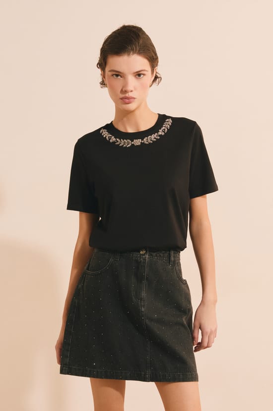 T-shirt manches courtes avec strass en coton;${refinementColor}