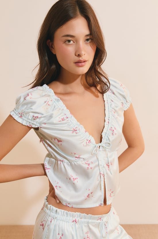 Short-Sleeve Patterned Satin Top;${refinementColor}