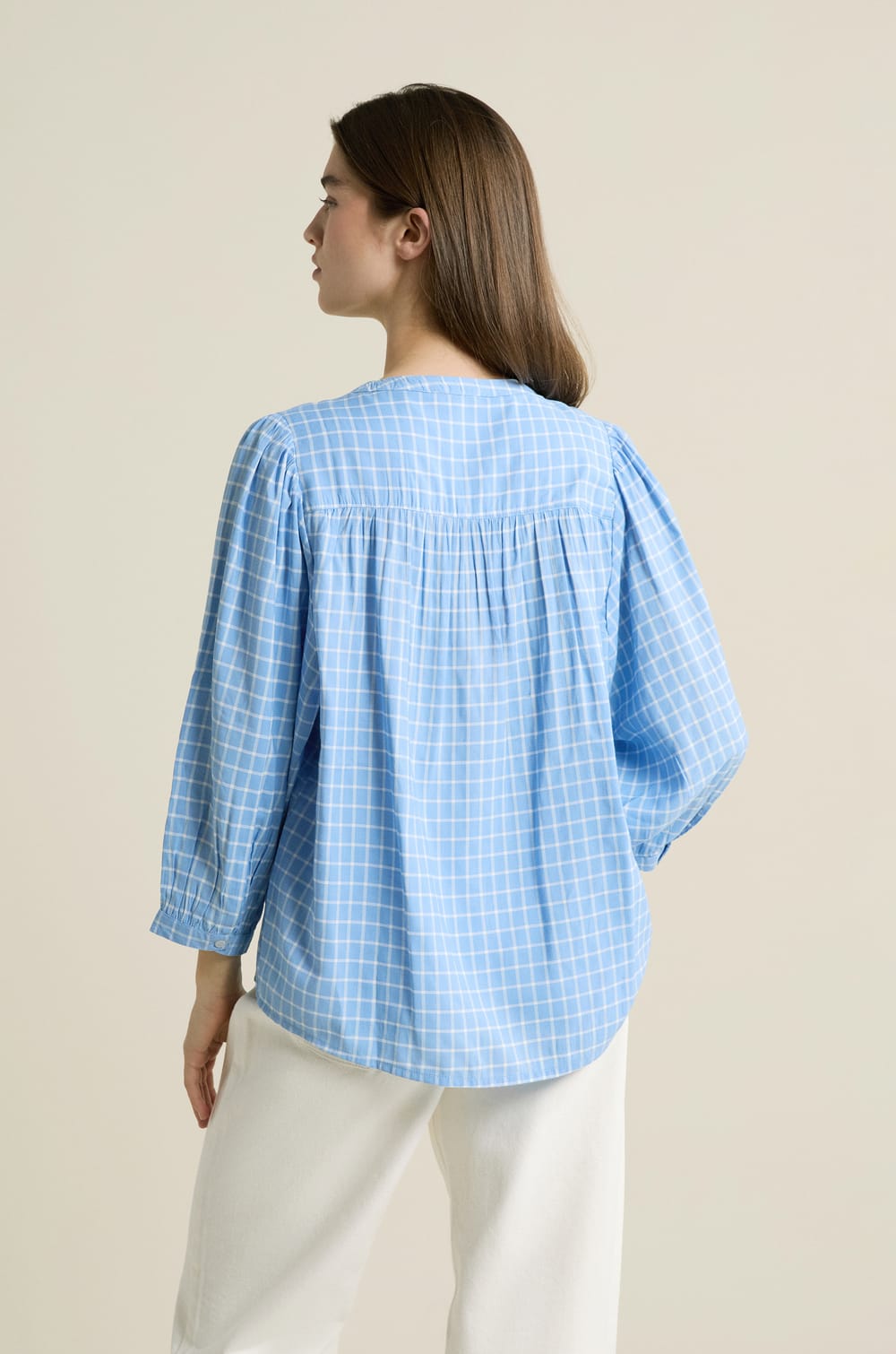Balloon Sleeve Checkered Blouse;${refinementColor}