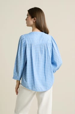 Balloon Sleeve Checkered Blouse;${refinementColor}