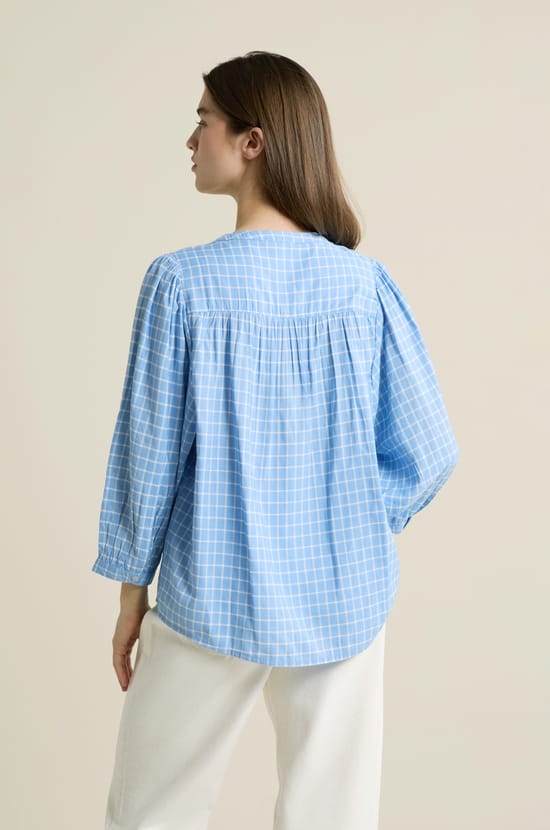 Balloon Sleeve Checkered Blouse;${refinementColor}