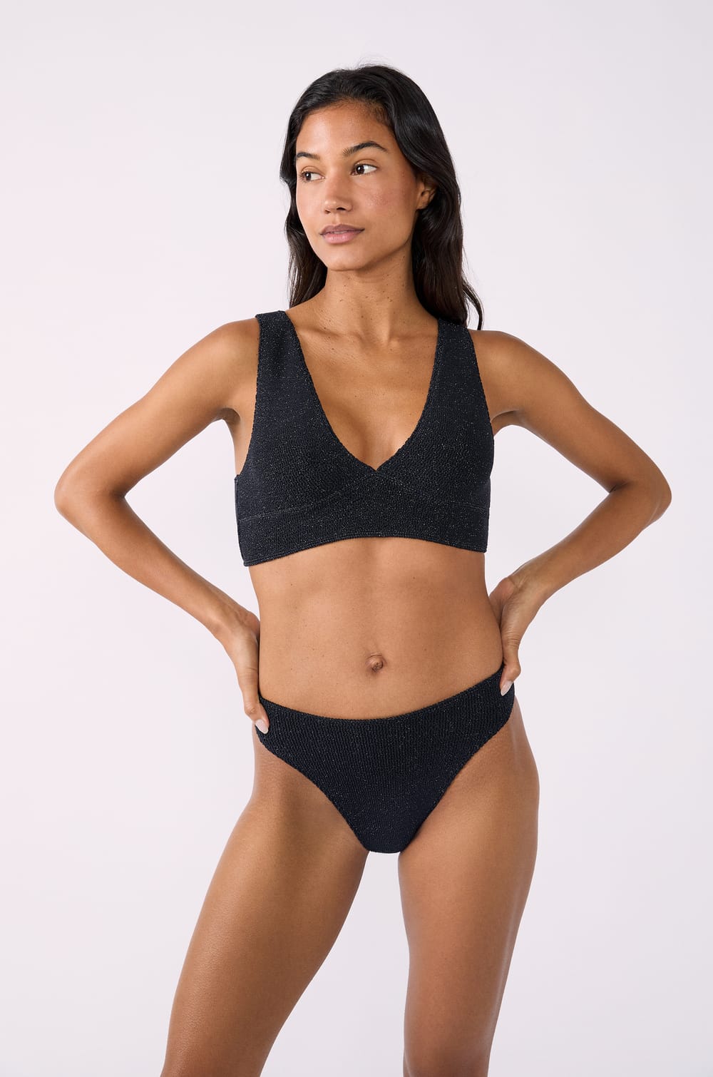 High-leg bikini bottom in stretchy glittery fabric;${refinementColor}