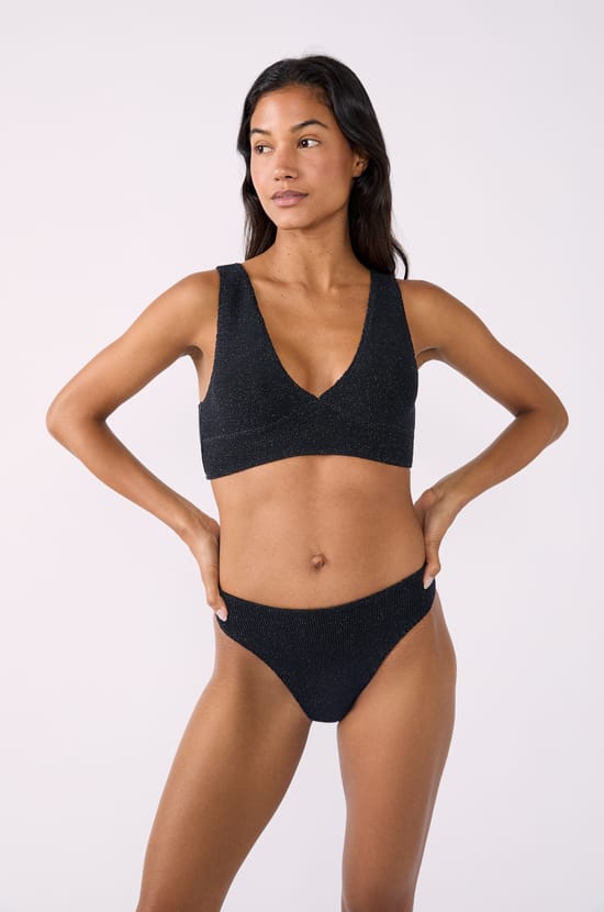 High-leg bikini bottom in stretchy glittery fabric;${refinementColor}